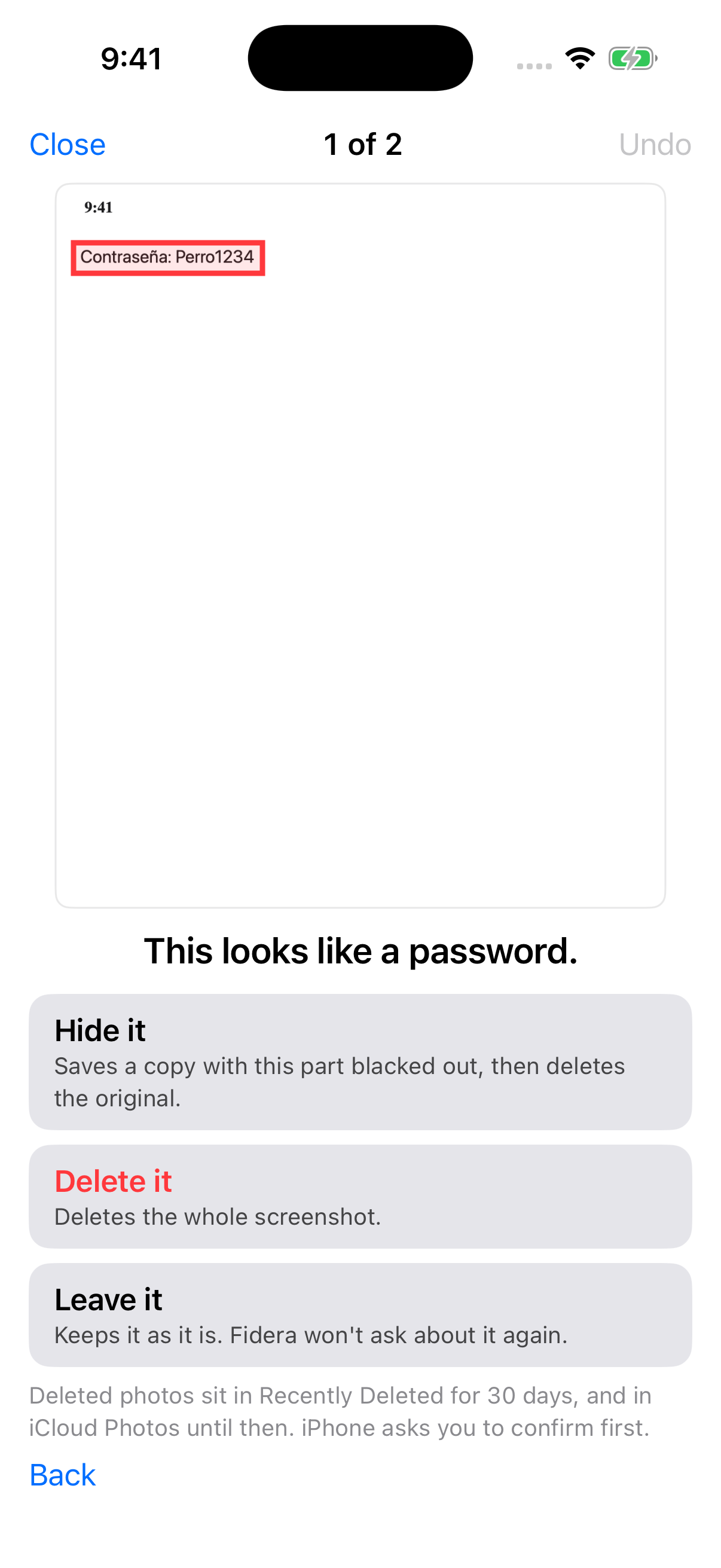 Fidera on iPhone after Yes: three choices, Hide it, Delete it and Leave it, each explained in one line, with a note that deleted photos sit in Recently Deleted for 30 days